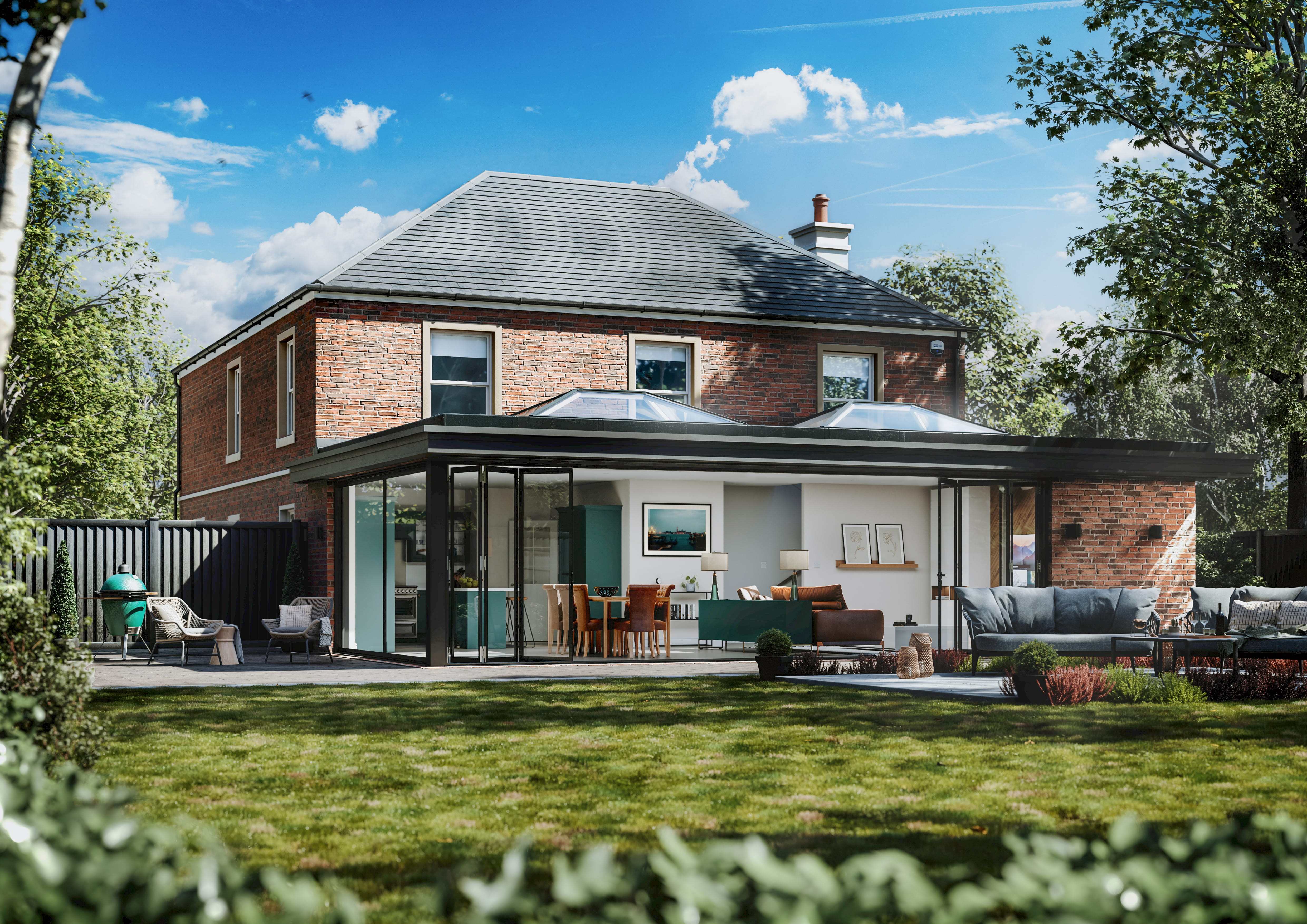 Modern home with large aluminium bi-fold doors opening to garden